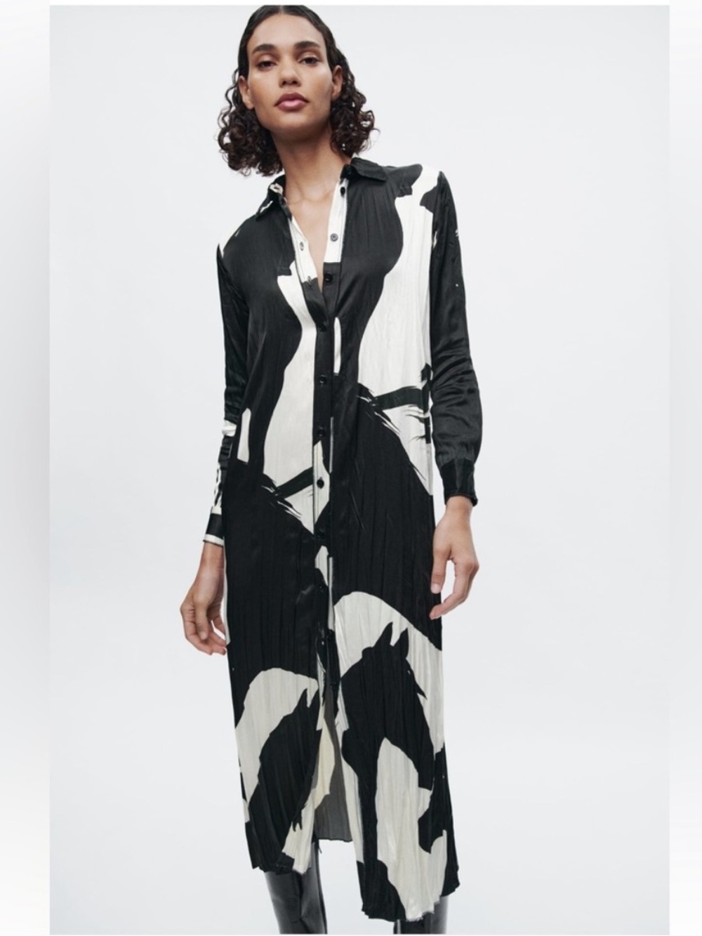 Zara Black and White Abstract Button-Front Long Sleeve Midi Dress